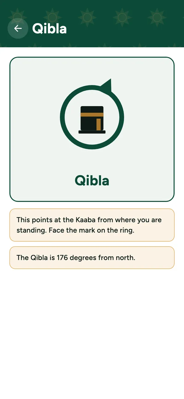 Qibla screen: the Kaaba inside a ring, with a mark showing the direction
