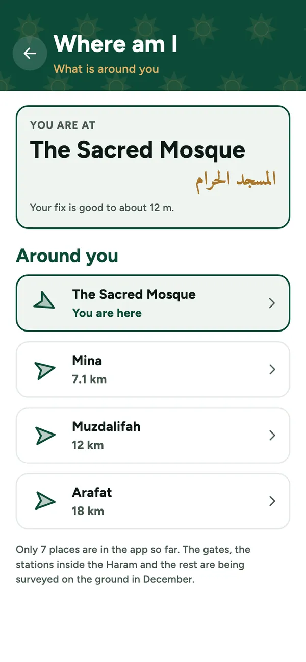 Where am I screen: you are at the Sacred Mosque, with nearby places, their distance and direction